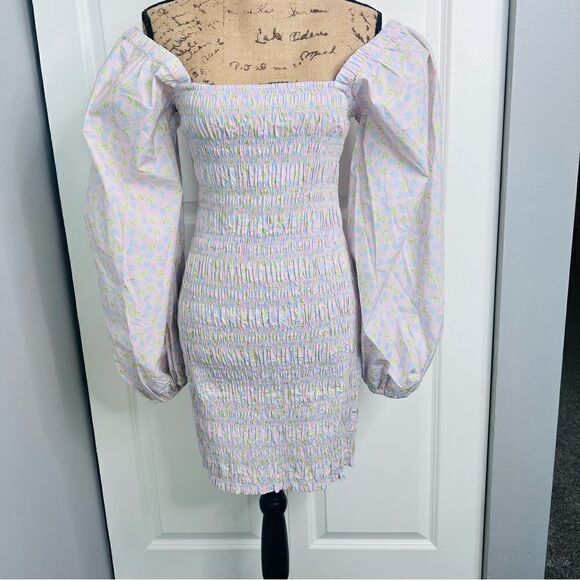 Sz 8 (40 EUR) GANNI Cherry Blossom Floral Smocked Mini Bodycon Dress - Picture 3 of 13